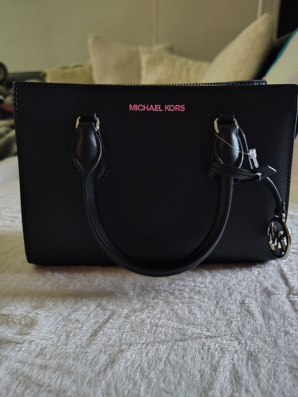 Michael Kors Black Leather Satchel with Gold Logo